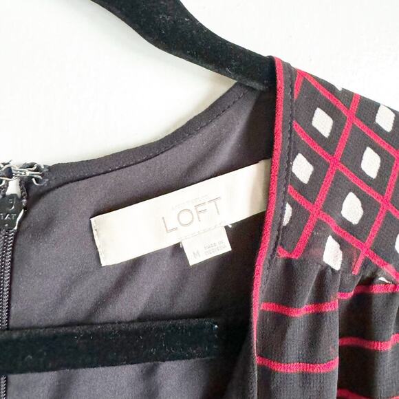 LOFT Round Neck Sheer Long Sleeve Tie Neck Knee Length Geometric Dress Medium - Picture 5 of 13